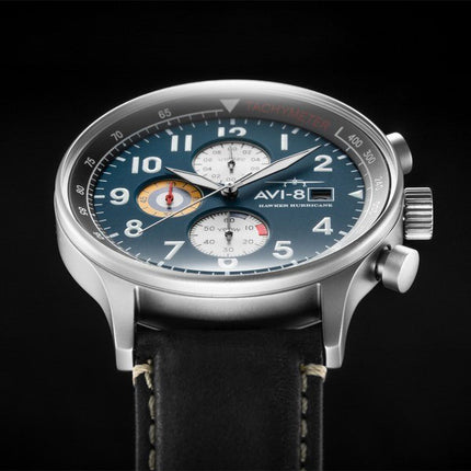 AVI-8 Hawker Hurricane Classic Chronograph Midnight Black Leather Strap Blue Dial Quartz AV-4011-0I Men's Watch