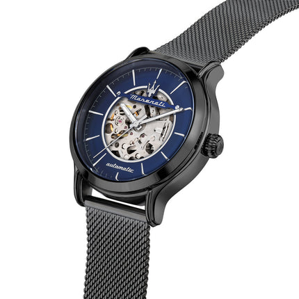 Maserati Epoca Stainless Steel Mesh Bracelet Blue Skeleton Dial Automatic R8823118012 100M Men's Watch