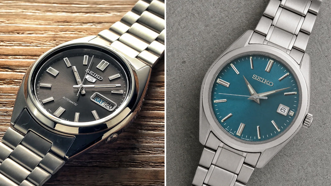 SNXS79 black dial left, SNKL23 light blue dial right, split flat-lay