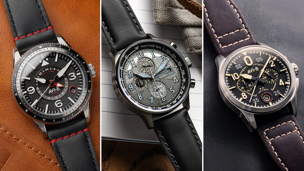 AVI-8 Flyboy on leather strap left, AVI-8 Hawker Hurricane on rubber strap centre, AVI-8 Spitfire on leather strap right 