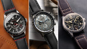 AVI-8 Flyboy on leather strap left, AVI-8 Hawker Hurricane on rubber strap centre, AVI-8 Spitfire on leather strap right 