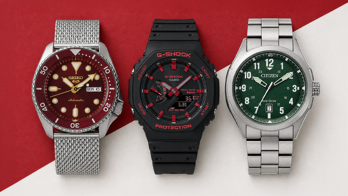 Red-dial Seiko 5 SRPD, G-Shock GA-2100, Citizen Eco-Drive 