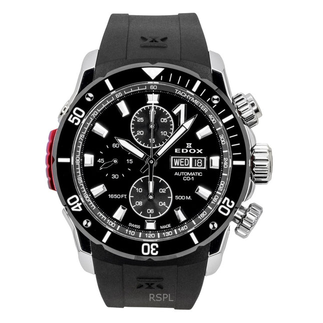 Edox CO-1 Chronograph Rubber Strap Black Dial Automatic Diver's 01128-3NRCA-NN 500M Men's Watch