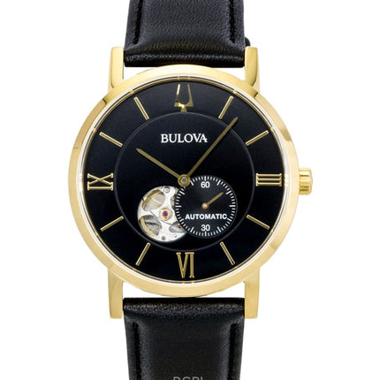 Bulova American Clipper Leather Strap Open Heart Black Dial Automatic 97A154 Men's Watch