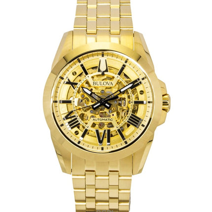 Bulova Sutton Gold Tone Stainless Steel Gold Skeleton Dial Automatic 97A162 Men's Watch