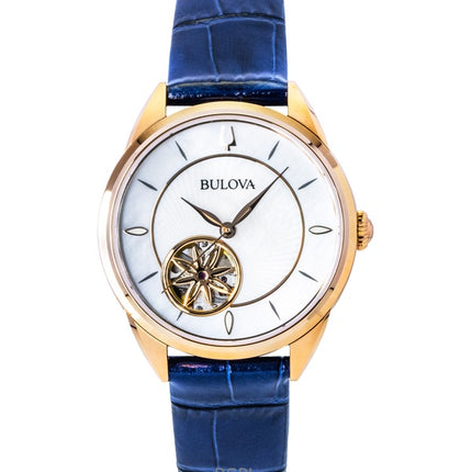 Bulova Sutton Leather Strap Open Heart Mother Of Pearl Dial Automatic 97L180 Women's Watch