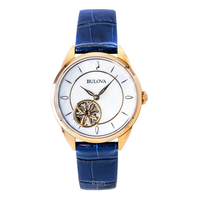 Bulova Sutton Leather Strap Open Heart Mother Of Pearl Dial Automatic 97L180 Women's Watch