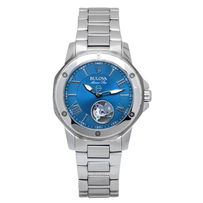 Bulova Marine Star Stainless Steel Open Heart Blue Dial Automatic 98L317 100M Women's Watch