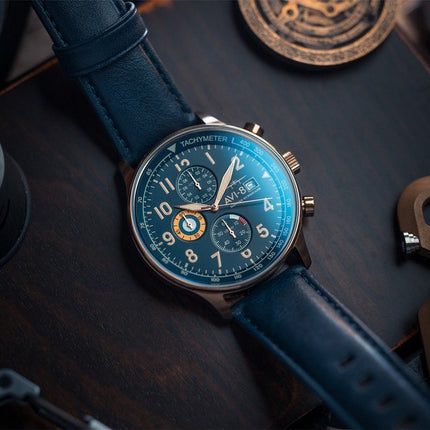 AVI-8 Hawker Hurricane Classic Chronograph Regent Blue Leather Strap Blue Dial Quartz AV-4011-0Q Men's Watch
