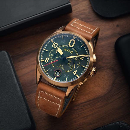 AVI-8 Spitfire Lock Chronograph Leather Strap Bronze Green Dial Quartz AV-4089-02 Men's Watch