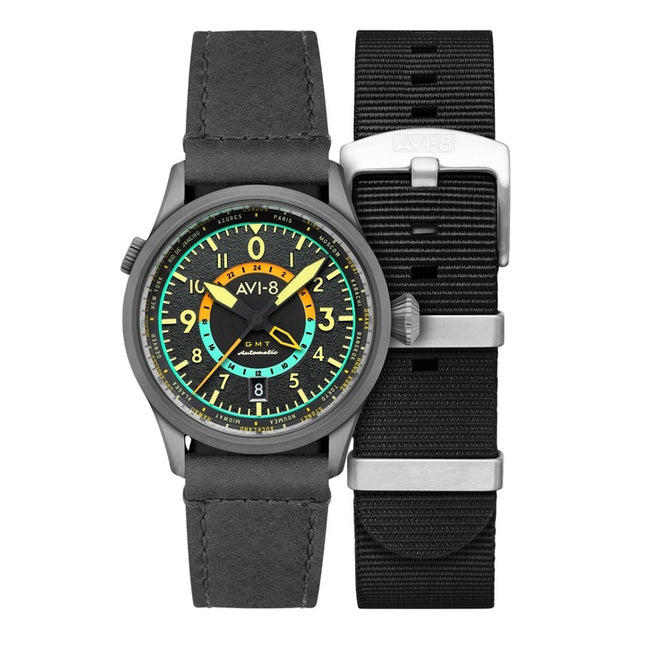 AVI-8 Flyboy Wingman Worldtimer GMT Tropical Grey Dial Automatic AV-4120-04 Men's Watch With Extra Strap