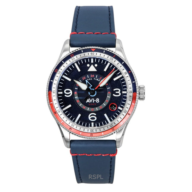 AVI-8 Flyboy Airmaster GMT Cockpit Blue Leather Strap Blue Dial Automatic AV-4128-04 Men's Watch