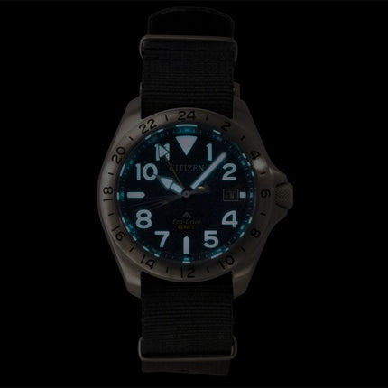 Citizen Promaster Land GMT Analog Grey Nylon Strap Navy Blue Dial Eco-Drive Diver's BJ7150-09L 200M Men's Watch