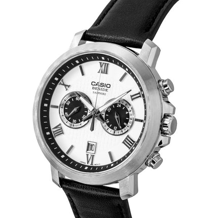 Casio Beside Chronograph Analog Leather Strap White Dial Quartz BMS-500L-7A Men's Watch