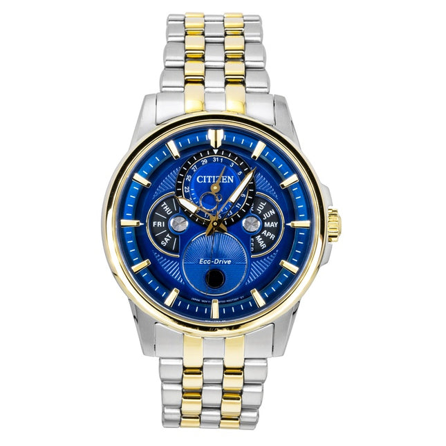 Citizen Calendrier Moonphase Two Tone Stainless Steel Blue Dial Eco-Drive BU0054-52L 100M Men's Watch