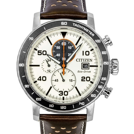 Citizen Brycen Chronograph Brown Leather Strap Ivory Dial Eco-Drive CA0649-06X 100M Men's Watch