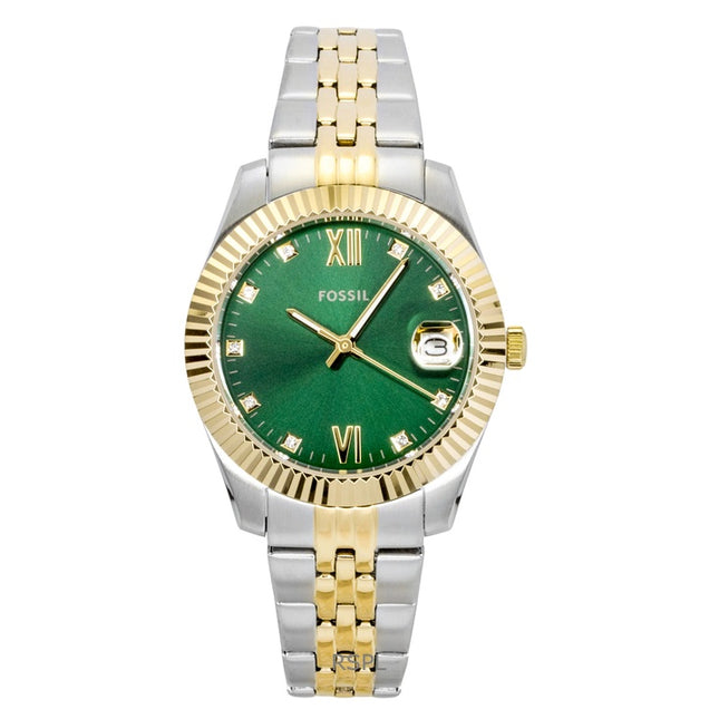 Fossil Scarlette Two Tone Stainless Steel Crystal Accents Green Dial Quartz ES5388 Women's Watch
