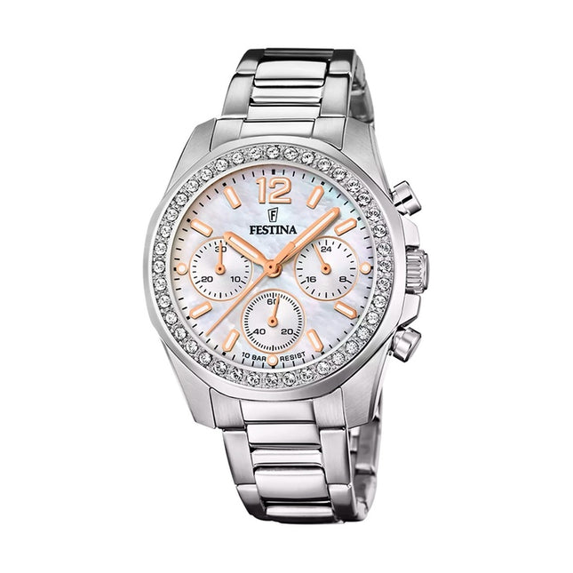 Festina Rainbow Chronograph Crystal Accents Mother Of Pearl Dial Quartz F20606-1 100M Women's Watch