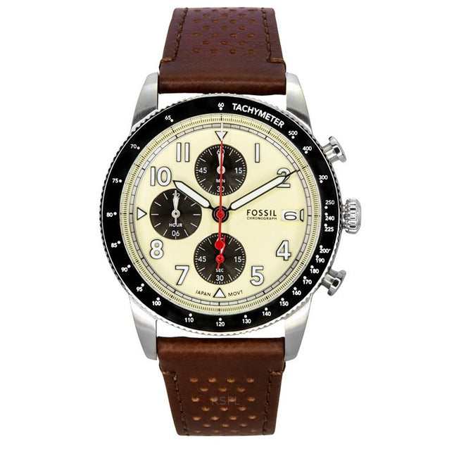 Fossil Sport Tourer Chronograph Brown Leather Strap Cream Dial Quartz FS6042 Men's Watch