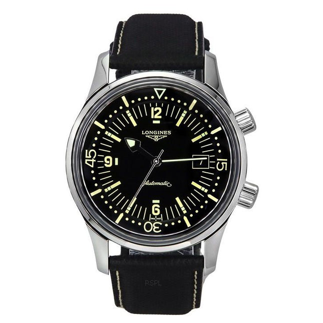 Longines Legend Diver Leather Strap Black Dial Automatic L3.774.4.50.0 300M Men's Watch