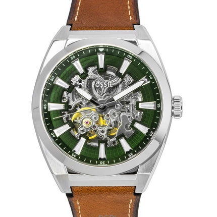 Fossil Everett Brown Leather Strap Green Skeleton Dial Automatic ME3261 Men's Watch
