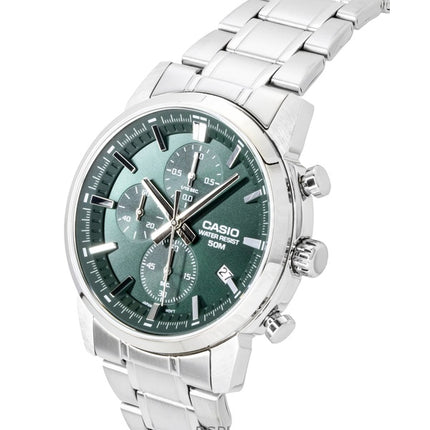 Casio Chronograph Analog Stainless Steel Green Dial Quartz MTP-E510D-3AV Men's Watch