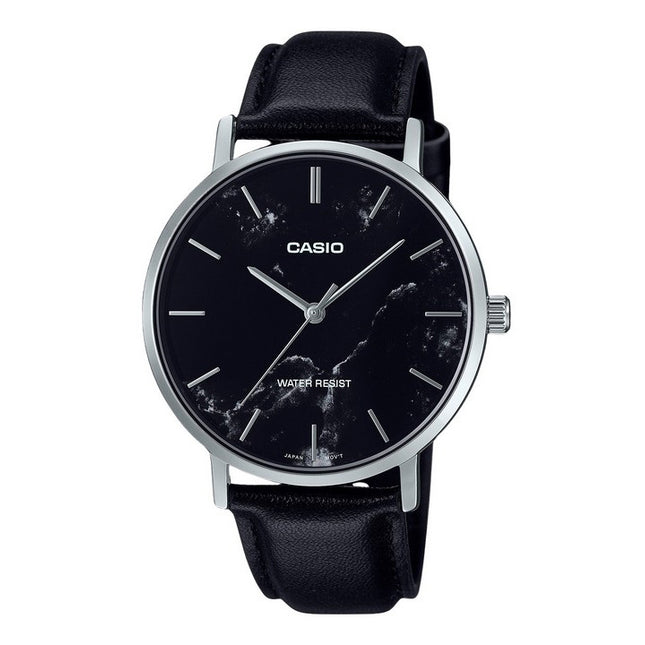Casio Standard Analog Black Leather Strap Marble Inspired Black Dial Quartz MTP-VT01LM-1A Men's Watch