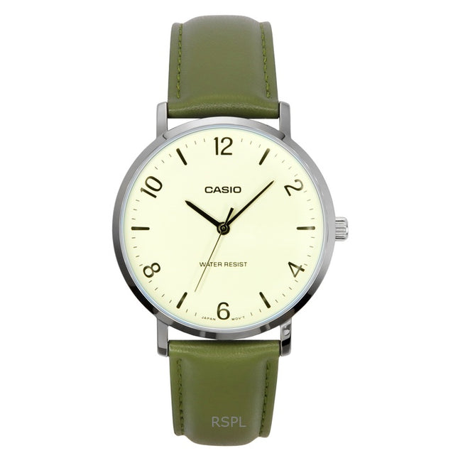 Casio Standard Analog Green Leather Strap White Dial Quartz MTP-VT03L-7B Men's Watch