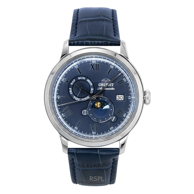 Orient Classic Sun and Moon Leather Strap Navy Blue Dial Automatic RA-AK0806L Men's Watch