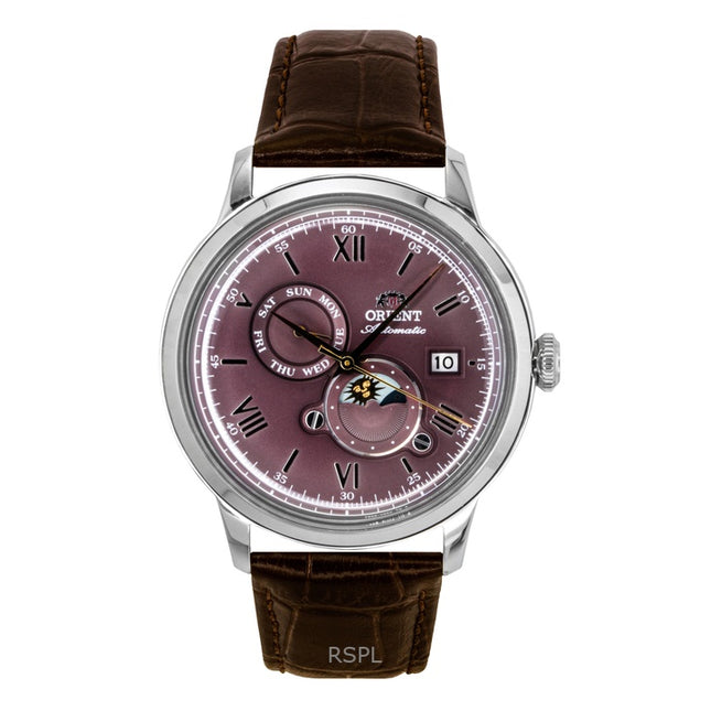 Orient Classic Sun and Moon Leather Strap Bordeaux Dial Automatic RA-AK0807R Men's Watch