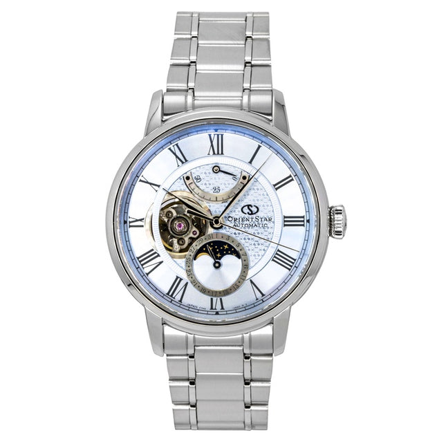 Orient Star M45 F7 Mechanical Moon Phase Stainless Steel Light Blue Open Heart Dial Automatic RE-BT0007L Men's Watch