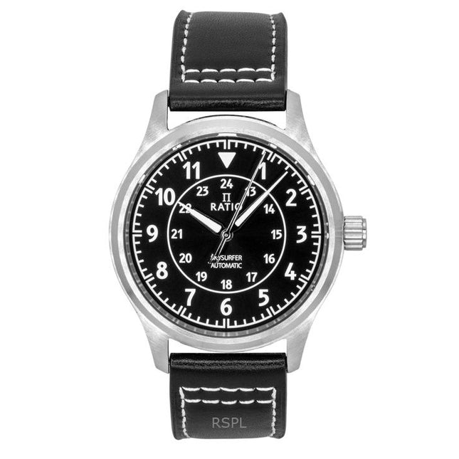 Ratio Skysurfer Pilot Black Sunray Dial Leather Automatic RTS314 200M Mens Watch
