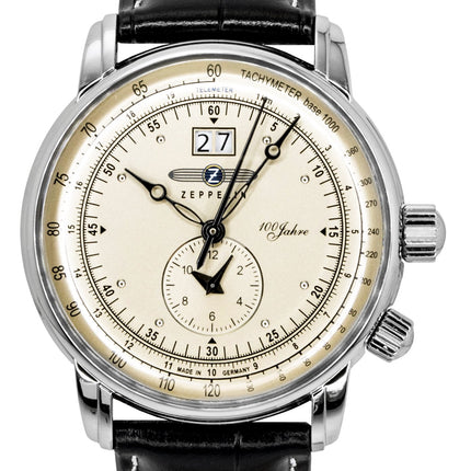 Zeppelin 100 Years GMT Leather Strap Champagne Beige Dial Quartz 76405 Men's Watch