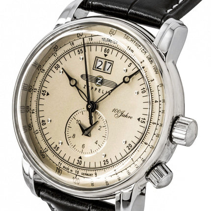 Zeppelin 100 Years GMT Leather Strap Champagne Beige Dial Quartz 76405 Men's Watch