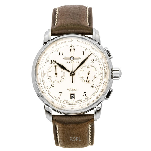 Zeppelin 100 Jahre Chronograph Leather Strap Beige Dial Quartz 76746 Men's Watch