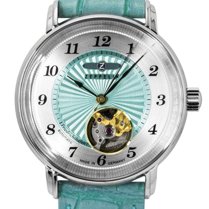 Zeppelin Friedrichshafen Leather Strap Open Heart Turquoise Dial Automatic 85694 Women's Watch