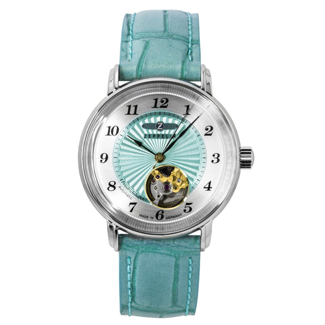 Zeppelin Friedrichshafen Leather Strap Open Heart Turquoise Dial Automatic 85694 Women's Watch