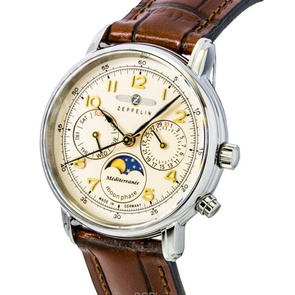 Zeppelin Mediterranee Moonphase Leather Strap Champagne Dial Quartz 96375 Men's Watch