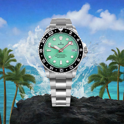Ratio FreeDiver GMT Series Sapphire Stainless Steel Green Dial Automatic RTF059 200M Men's Watch