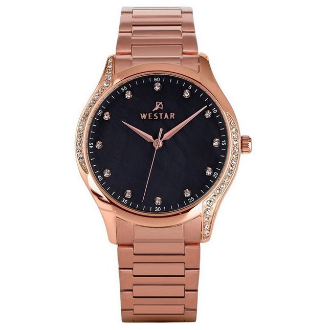 Westar Zing Crystal Accents Rose Gold Tone Stainless Steel Black Mother Of Pearl Dial Quartz 00127PPN613 Women's Watch