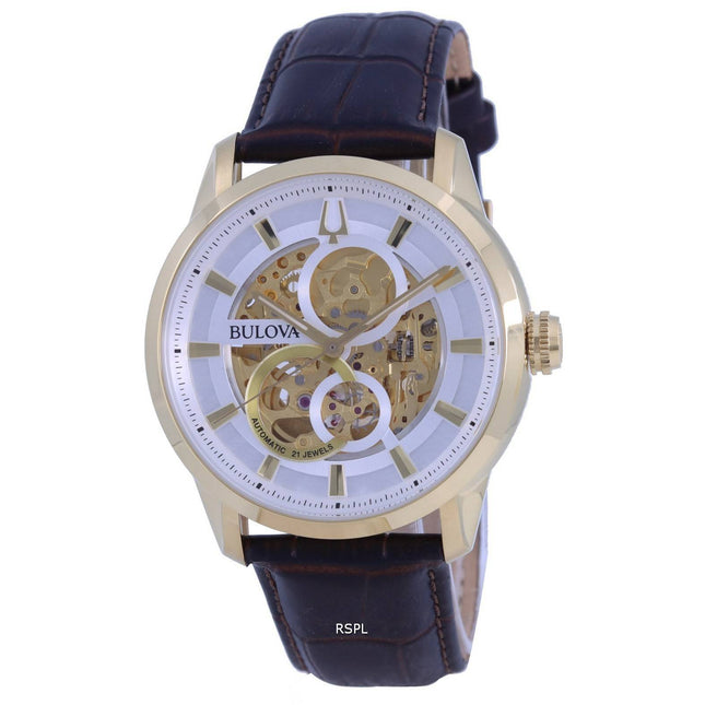 Bulova Classic Sutton Skeleton White Dial Leather Strap Automatic 97A138 Mens Watch