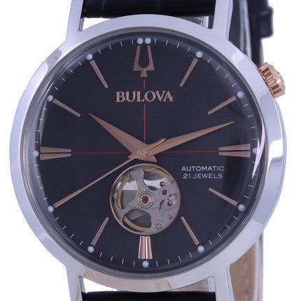 Bulova Classic Open Heart Grey Dial Leather Strap Automatic 98A187 Mens Watch