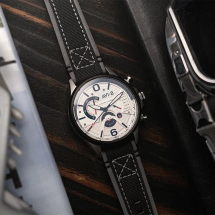 AVI-8 Hawker Harrier Dual Retrograde Chronograph Ivory White Dial Quartz AV-4056-07 Mens Watch