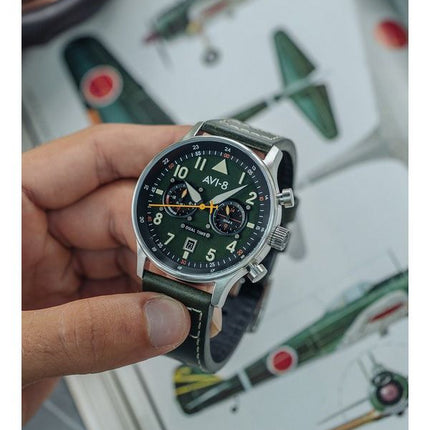 AVI-8 Hawker Hurricane Carey Dual Time Merville Green Dial Quartz AV-4088-02 Mens Watch