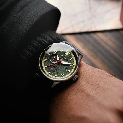AVI-8 Hawker Hurricane Mckellar Dual Time Gothic Green Dial Quartz AV-4101-0A Men's Watch With Extra Strap