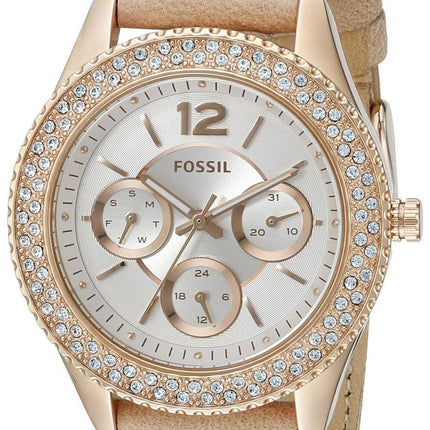 Fossil Stella Multifunction Rose Gold Leather Strap Crystals Embellished ES3816 Womens Watch