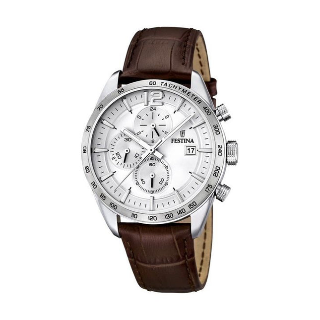 Festina Timeless Chronograph Leather Strap Silver Dial Quartz F16760-1 Mens Watch