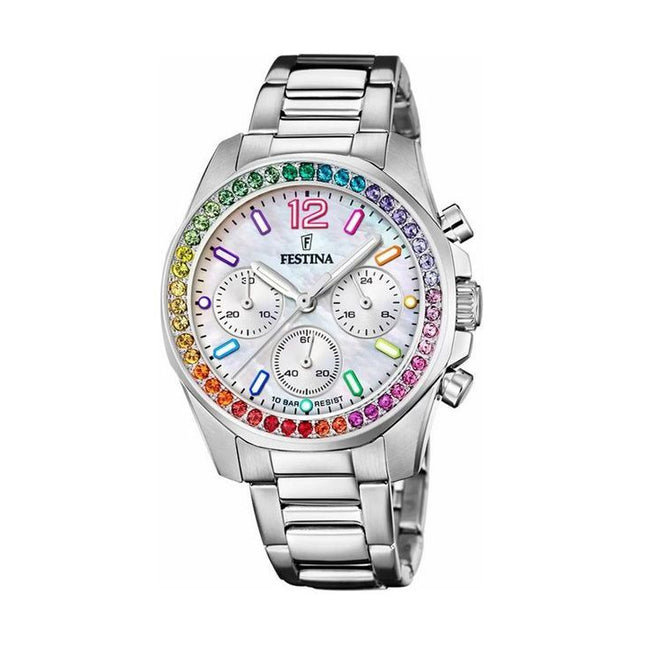 Festina Rainbow Chronograph Stainless Steel Crystal Accents Silver Dial Quartz F20606-2 100M Womens Watch