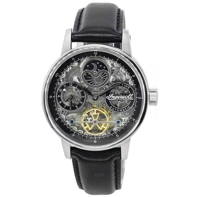 Ingersoll The Jazz Sun and Moon Phase Leather Strap Skeleton Silver Dial Automatic I07701 Men's Watch