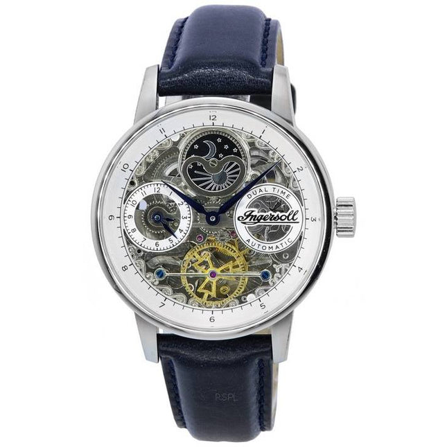 Ingersoll The Jazz Sun and Moon Phase Leather Strap Skeleton Silver Dial Automatic I07702 Mens Watch